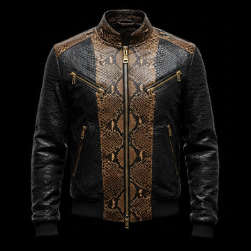 Black & Brown Python-Print Leather Bomber Jacket