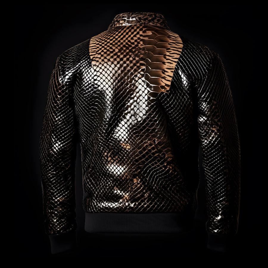 Black and Gold Python-Print Leather Bomber Jacket