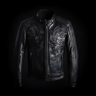 Black Leather Embossed Floral Biker Jacket By Enantiodromia