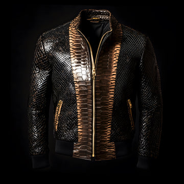 Black and Gold Python-Print Leather Bomber Jacket