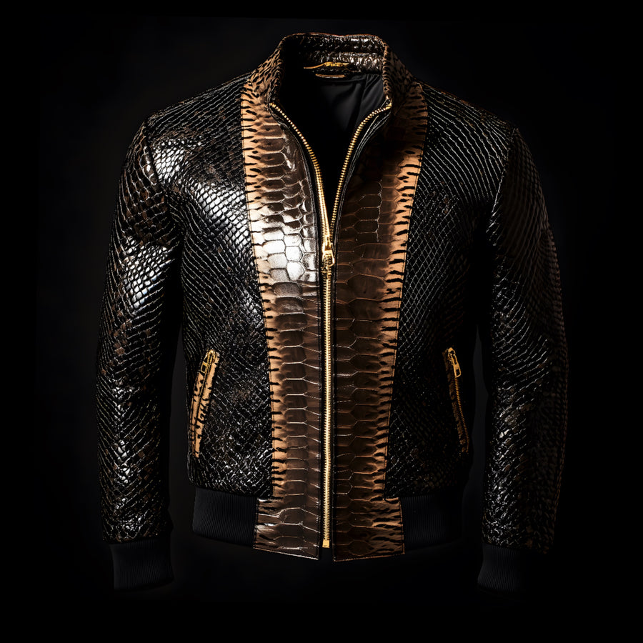 Black and Gold Python-Print Leather Bomber Jacket