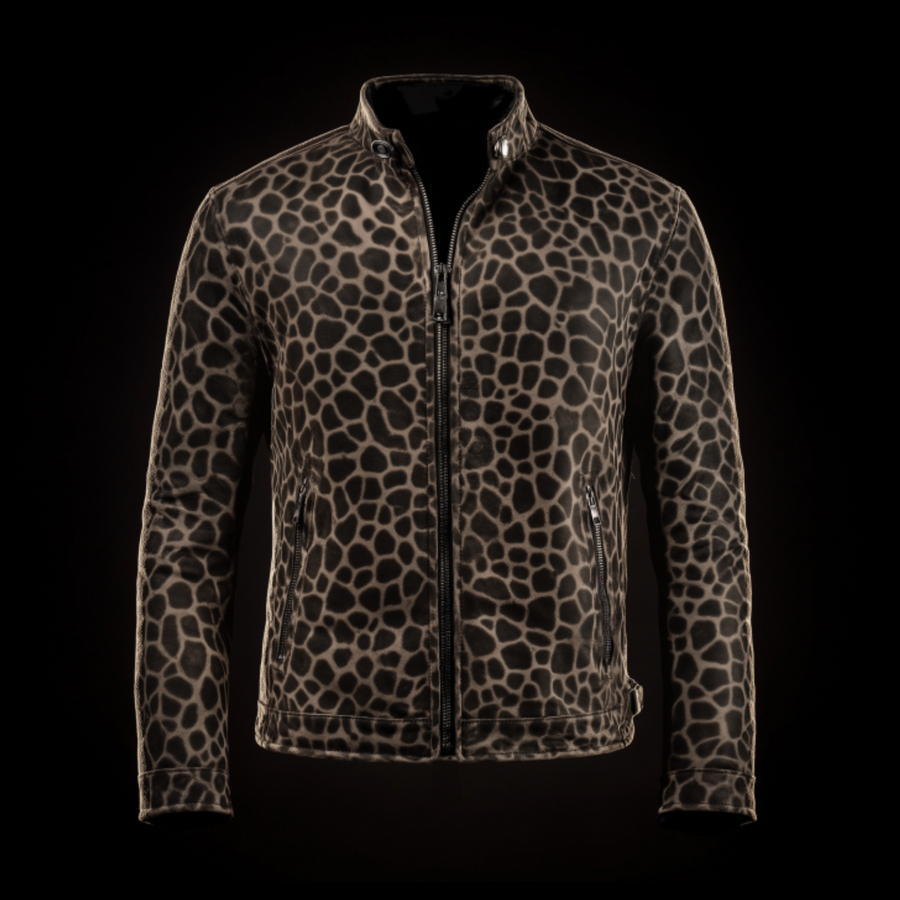 Black Suede Giraffe-Print Biker Jacket
