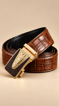 Crocodile Embossed Leather Dress Belt Featuring Ornate Metal Buckle