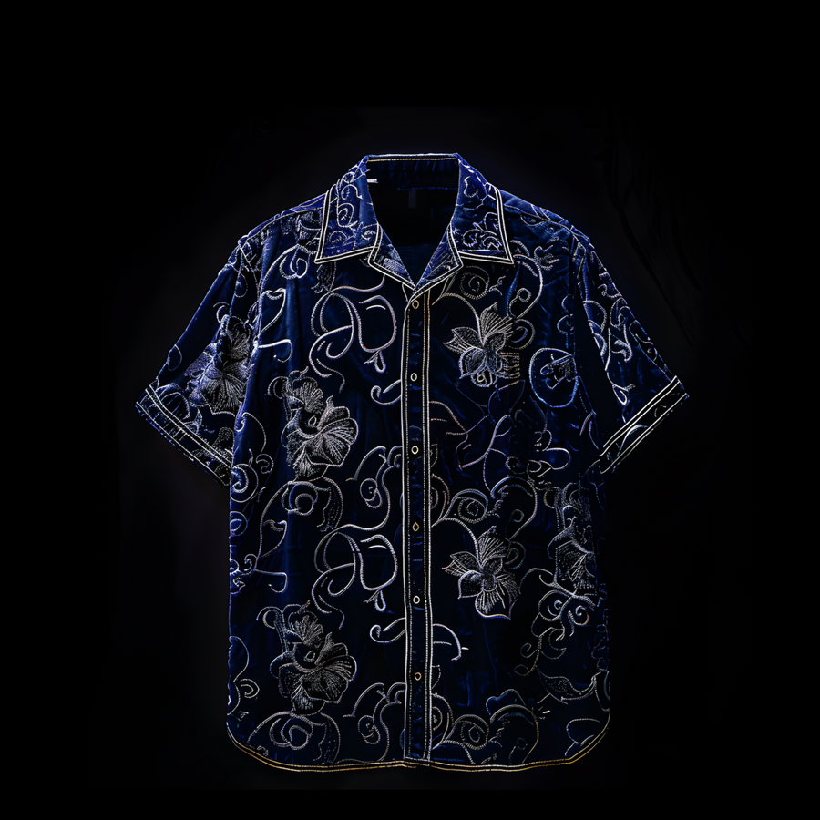 Navy Blue Velour Floral Print Shirt