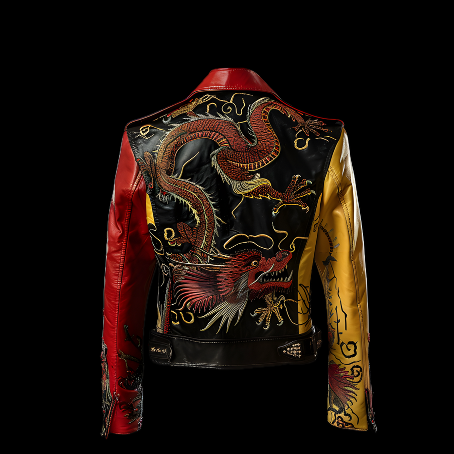Red & Gold Dragon Biker Leather Jacket