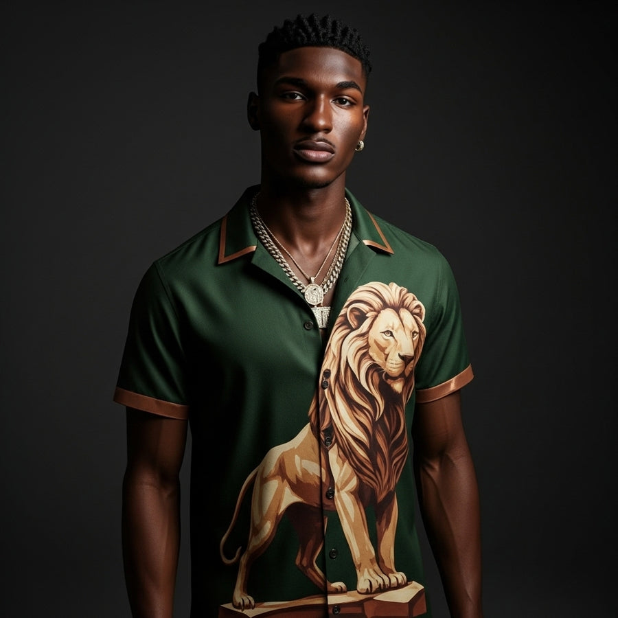 Emerald Green and Champagne Bronze Satin Lion Shirt