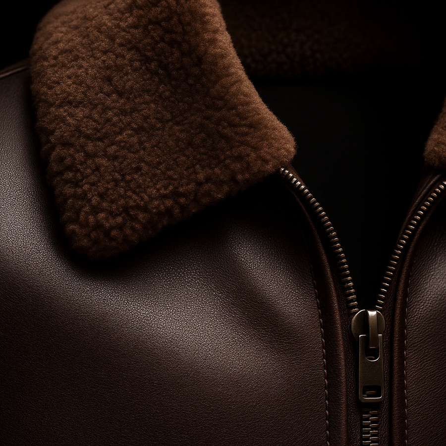 Chocolate Brown Shearling-Collar Leather Jacket