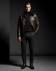 Chocolate Brown Shearling-Collar Leather Jacket