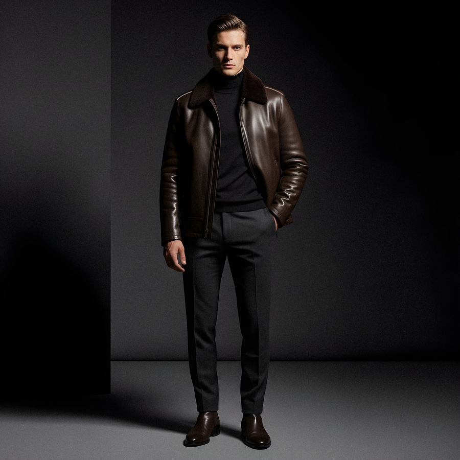 Chocolate Brown Shearling-Collar Leather Jacket