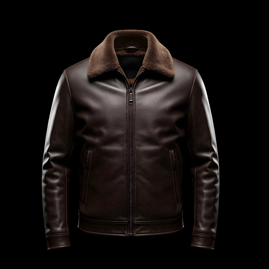 Chocolate Brown Shearling-Collar Leather Jacket