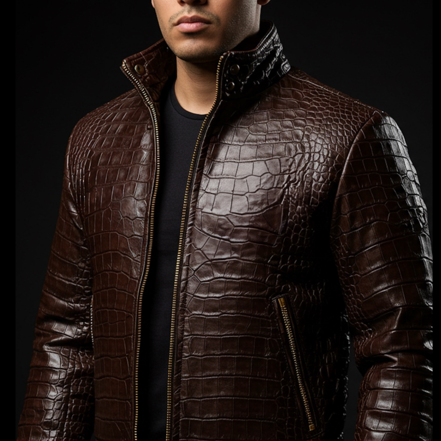 Brown Crocodile-Embossed Leather Skull Embroidered Bomber Jacket