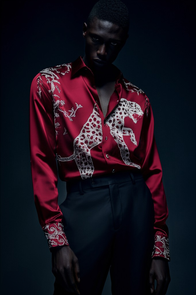 Red Silver Panther Satin Shirt